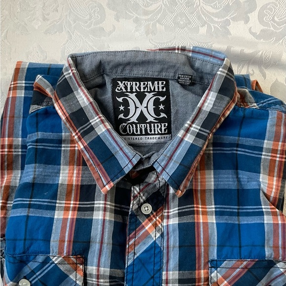 Xtreme Couture 100% Cotton Shirt Mens Size XXL Blue Orange Plaid Button Up - Picture 2 of 9